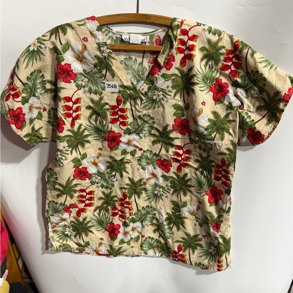 #3568-Tropical Floral Scrub Top - Red & Green on Cream